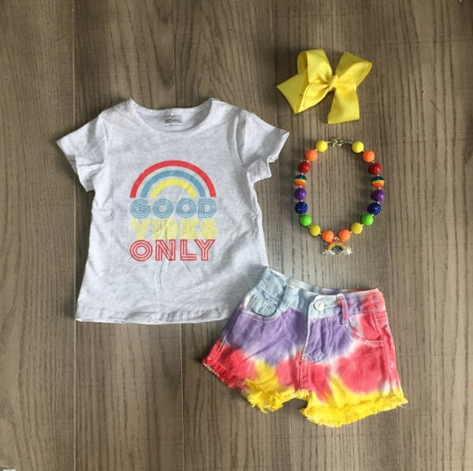 Good Vibes Rainbow Denim Short Set