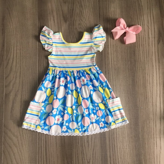 Stripped & Floral Blue Dress With Pockets
